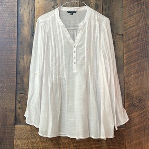 Sheer, button front, pleated, long sleeve roll up flap with button sleeve, 2X